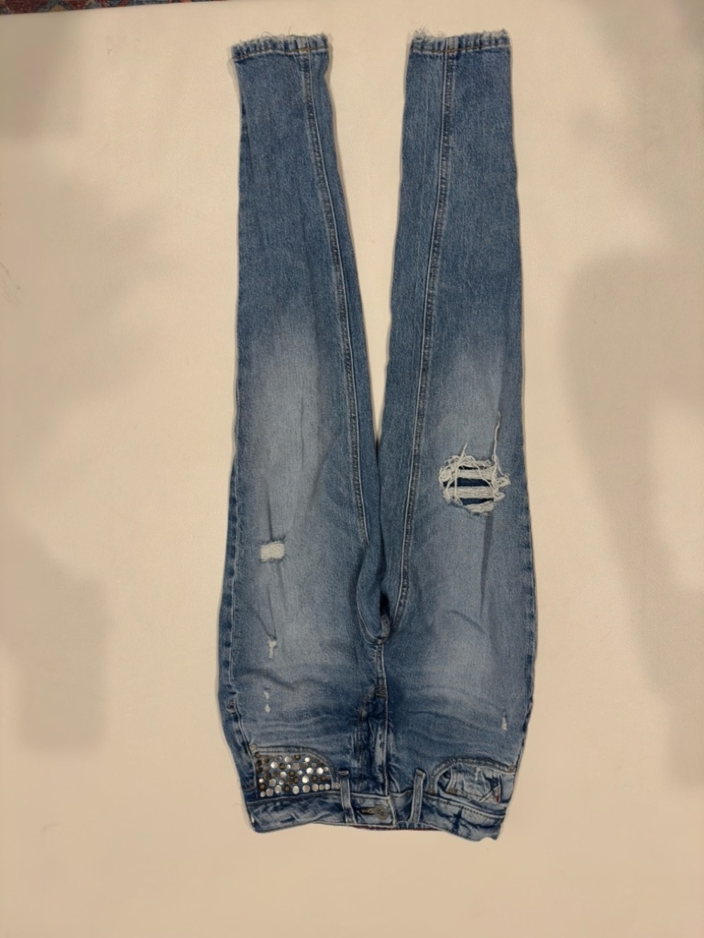 Women’s Light Blue Distressed Skinny Jeans with Stud Detail